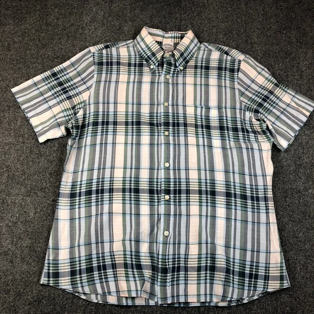 Brooks Brothers Regent Fit Plaid Short Sleeve Button Down Shirt Mens Large